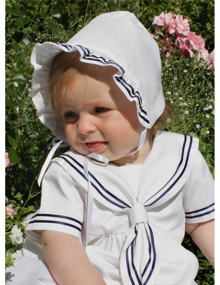 christening gown with navy embroidery