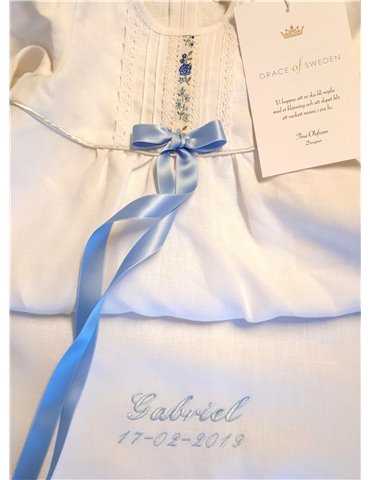 christening gown with unique lace and ceris bow